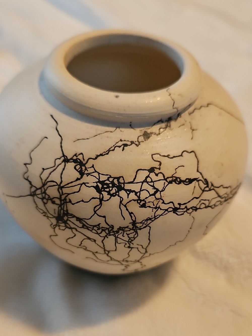 Modern Pottery Art Vase with Black Horsehair Design by Vincent Garcia